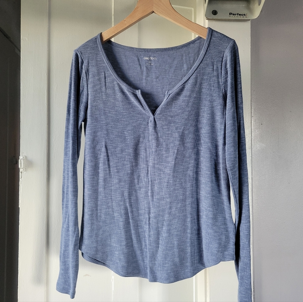 Gap Body Notch Neck Long Sleeve Ribbed Top T-shirt Blue XS
